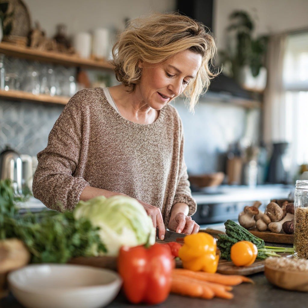 Middle-aged woman preparing balanced meal in modern kitchen, focusing on fresh vegetables and whole grains